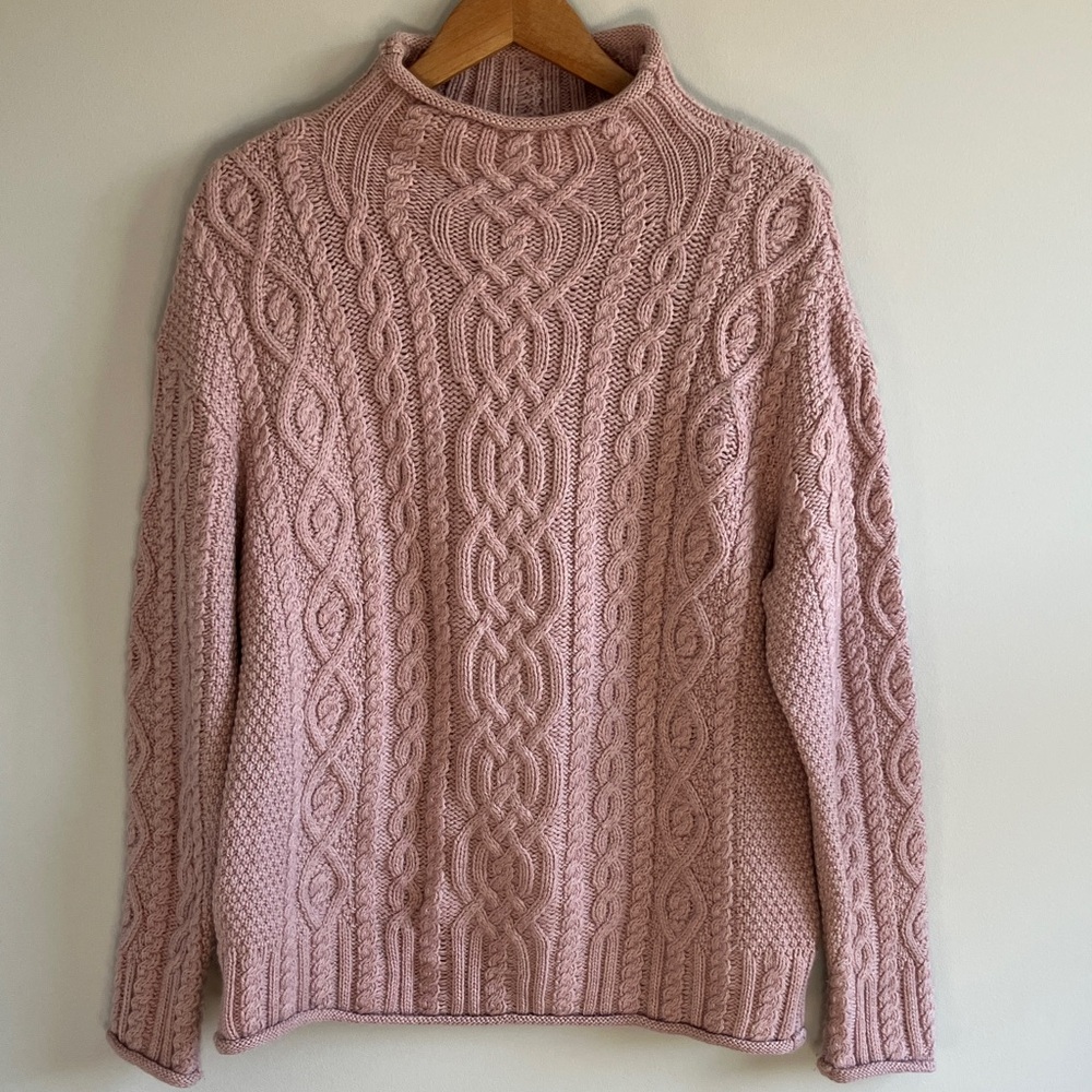 Aran Crafts Blush 100% soft metino wool Cable Knit Turtleneck Sweater size XL